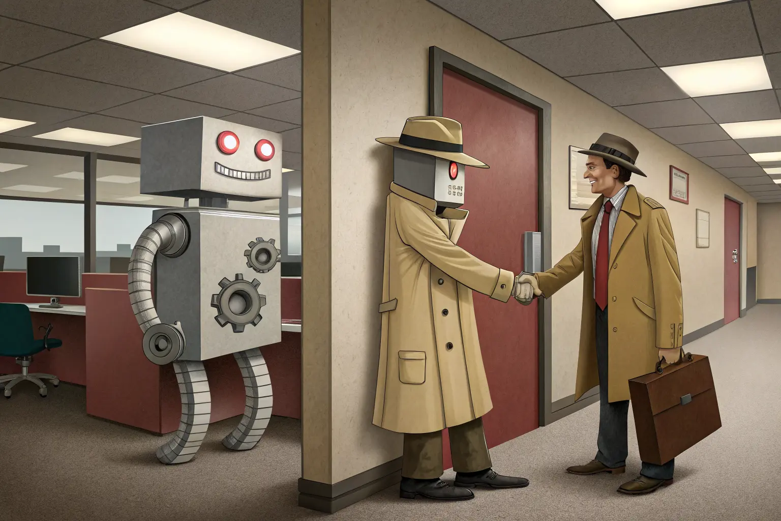 A boxy robot made of gears and a spinning loop-arrow, dressed in a trench coat and fedora, shaking hands with a businessman in an office doorway