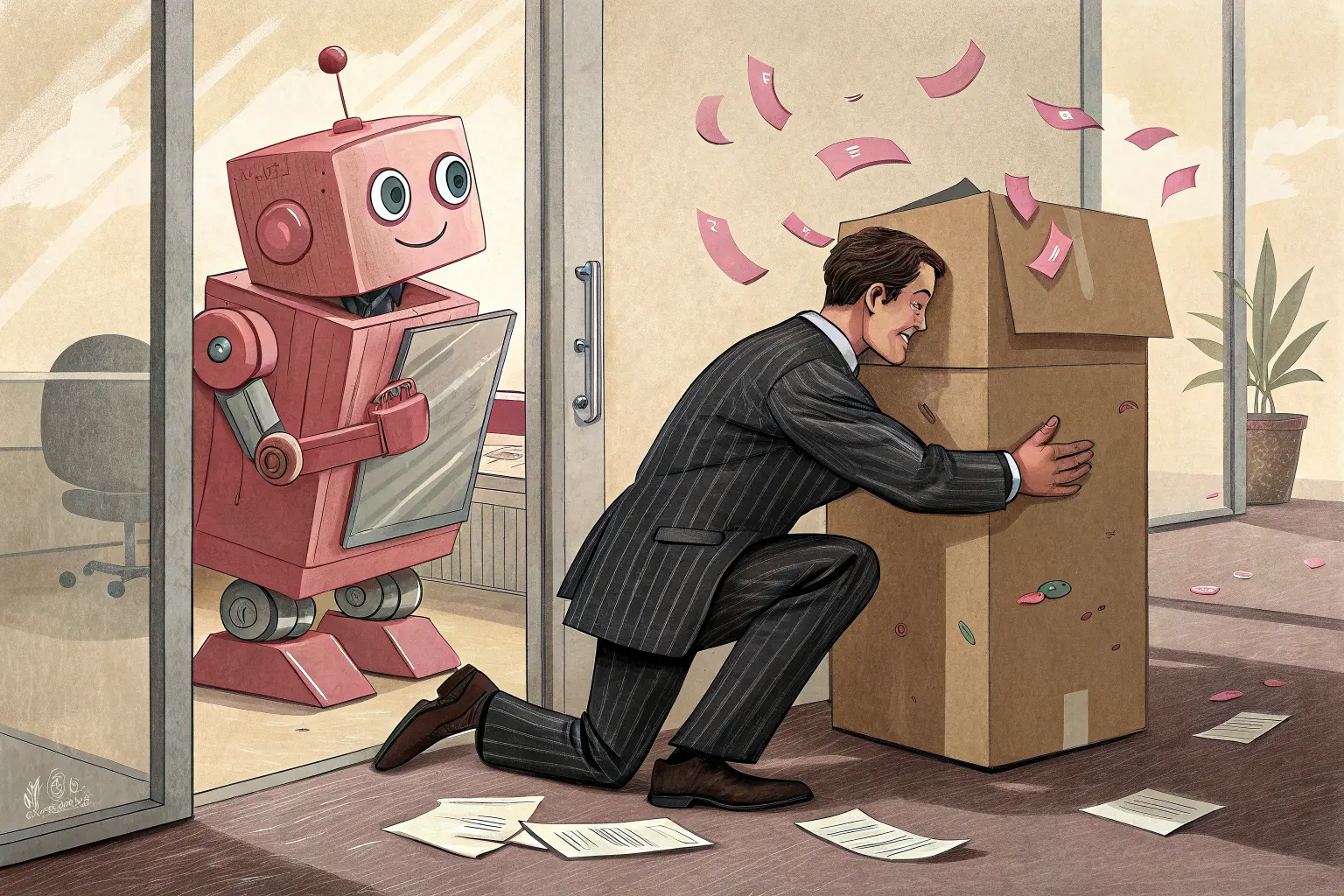 A CEO in a pinstripe suit on his knees shoving an office worker's cardboard box of belongings out a glass door while a cute robot stands by innocently