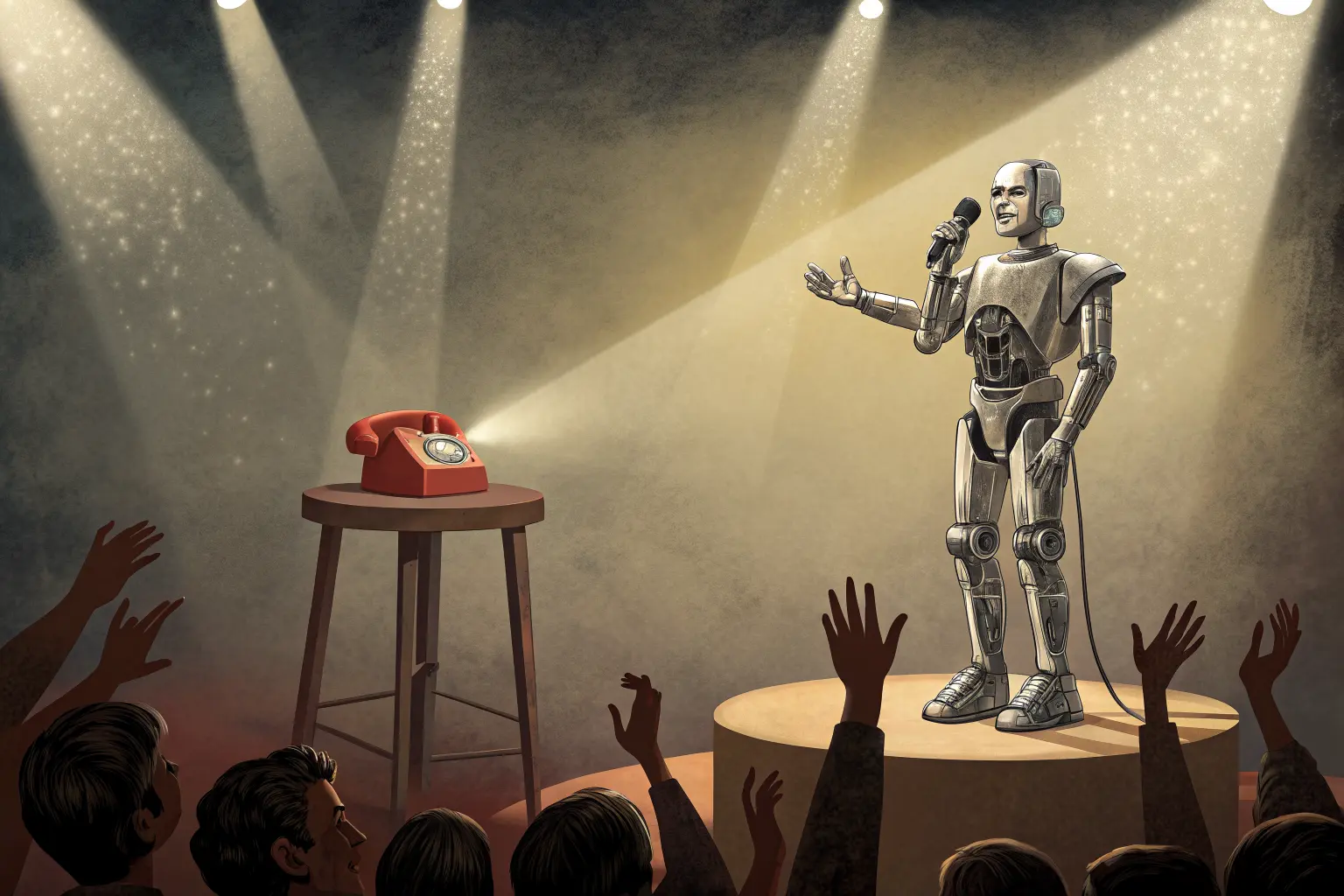 A chrome robot performing under spotlights while a phone with an unanswered blinking light sits ignored in the shadows