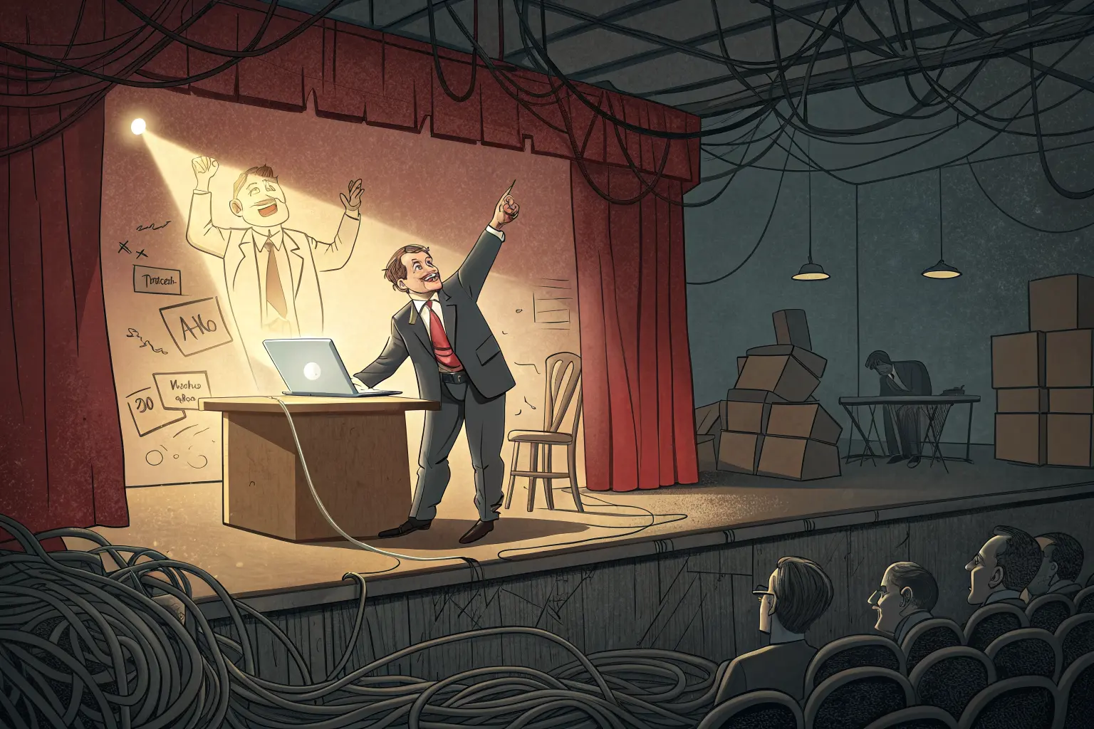 A salesman presenting a glowing laptop on a theater stage with a painted cardboard office backdrop, tangled cables connected to nothing hidden behind the set