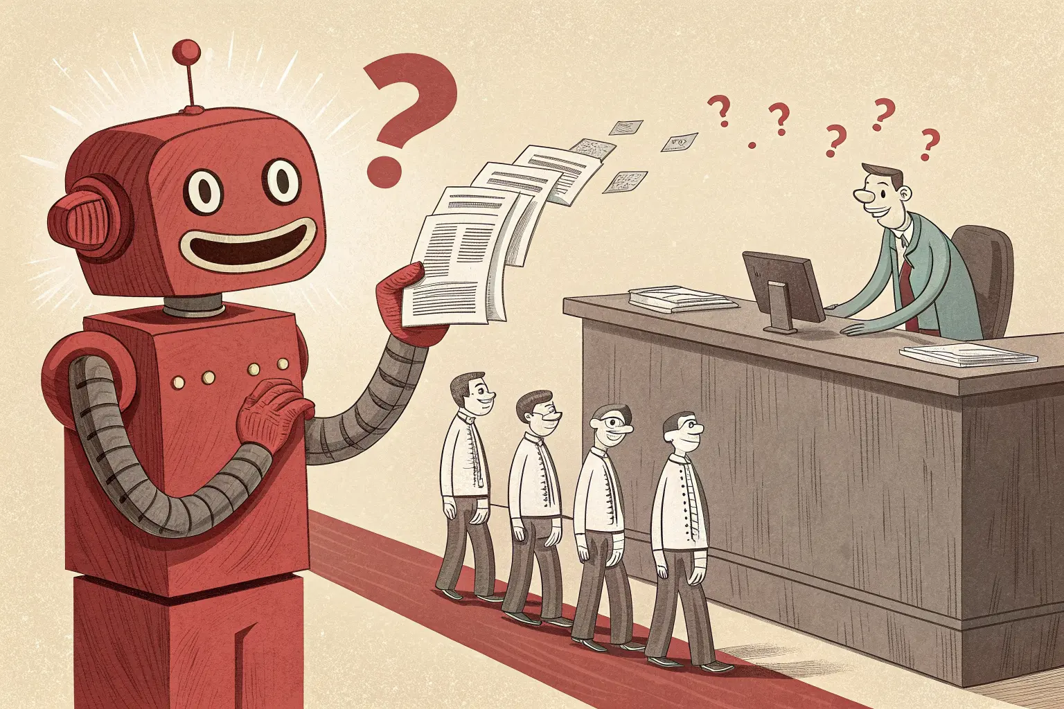 A cheerful robot serving a neat line of identical customers while one furious customer is shoved toward an exhausted human at a tiny desk