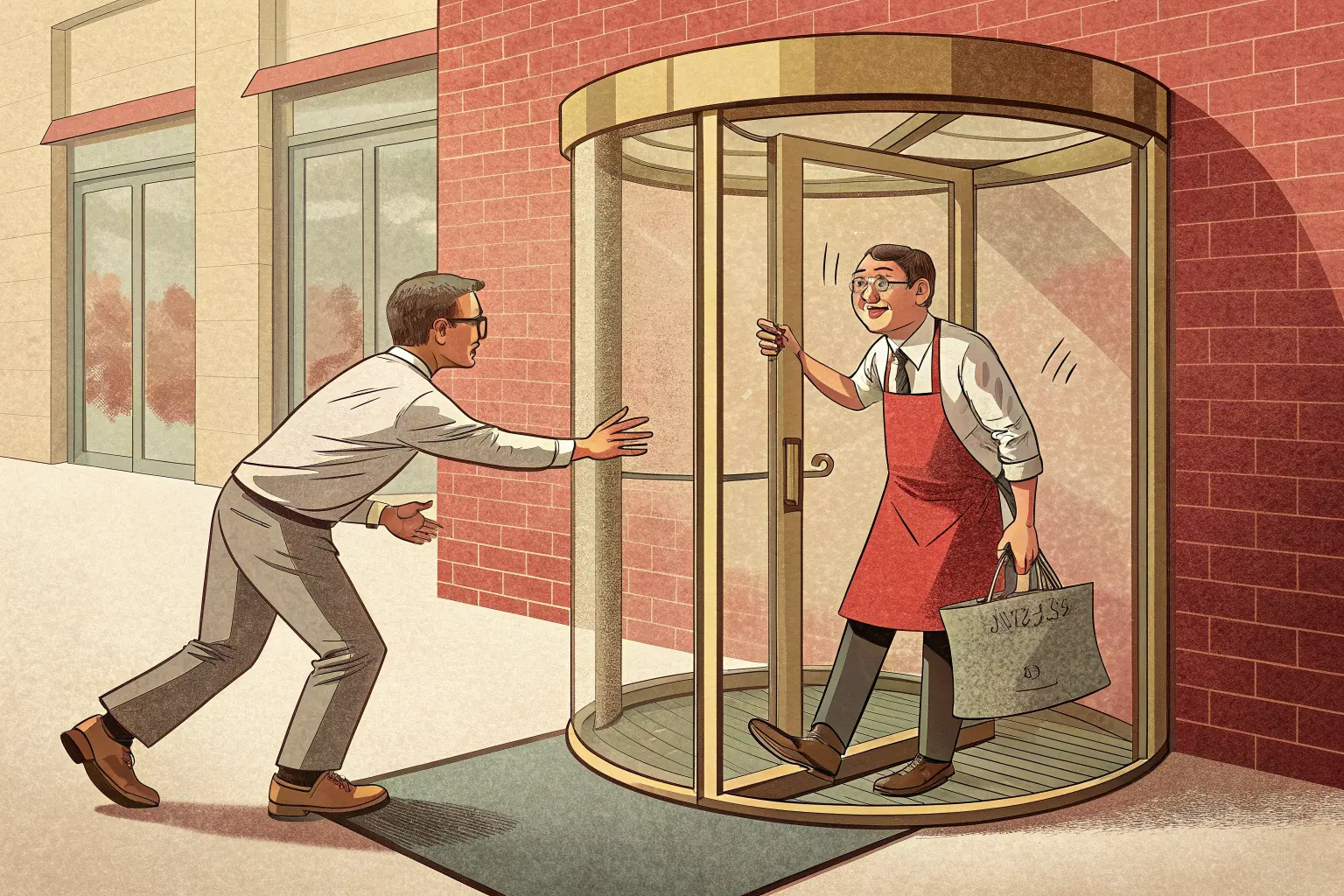 A one-way revolving door: a salesman pushing a small-business owner in through the easy side while the exit side is bricked up solid