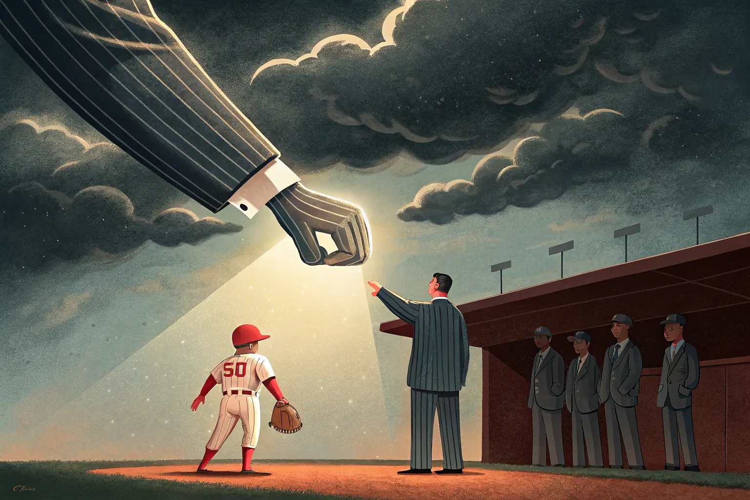A giant pinstriped business-suit arm plucking a small glowing robot in a baseball uniform off a minor-league diamond while suited men watch from a dugout