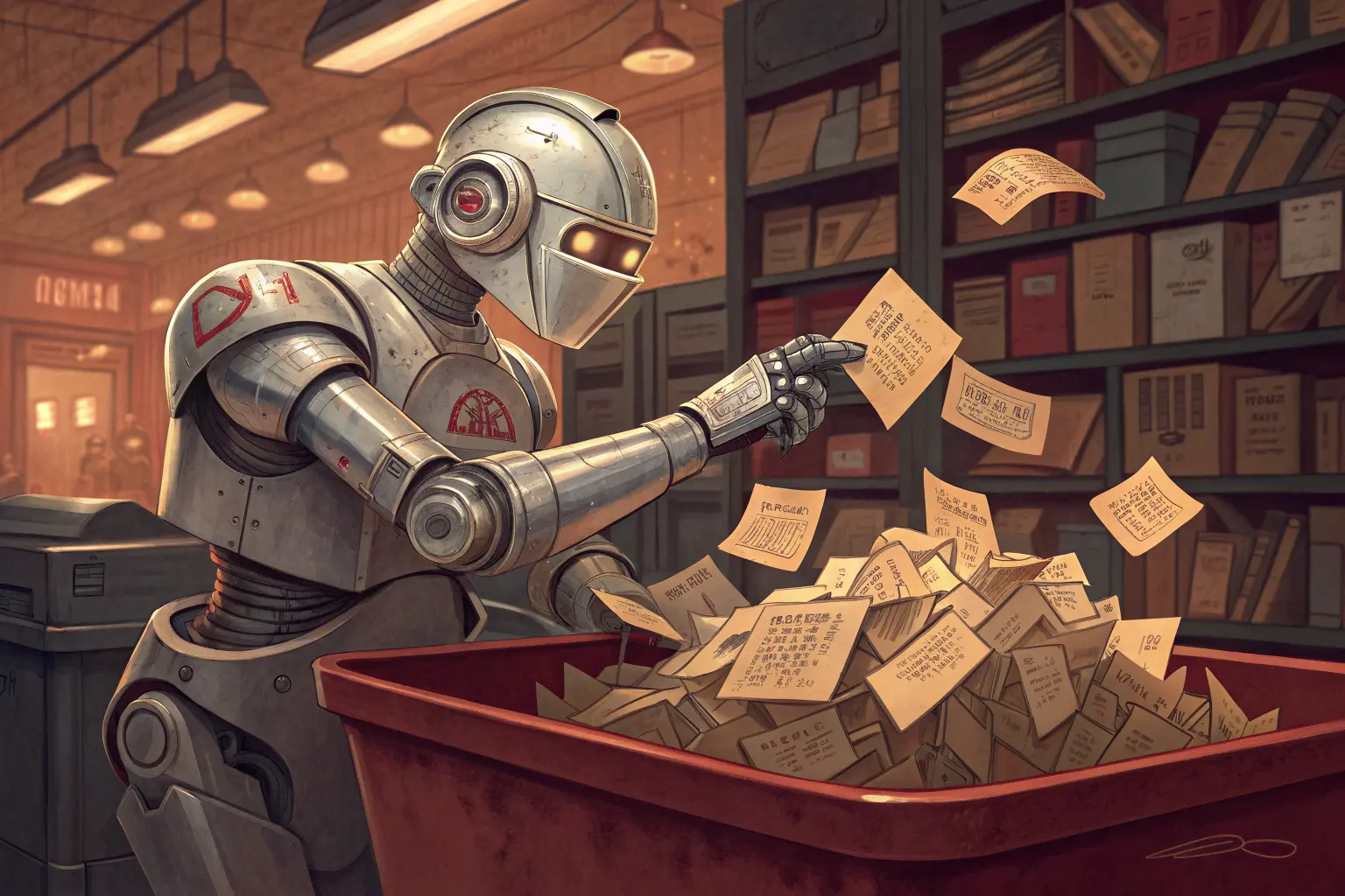 A chrome robot at a mail machine cheerfully stuffing envelopes from a giant bin of crumpled duplicate index cards