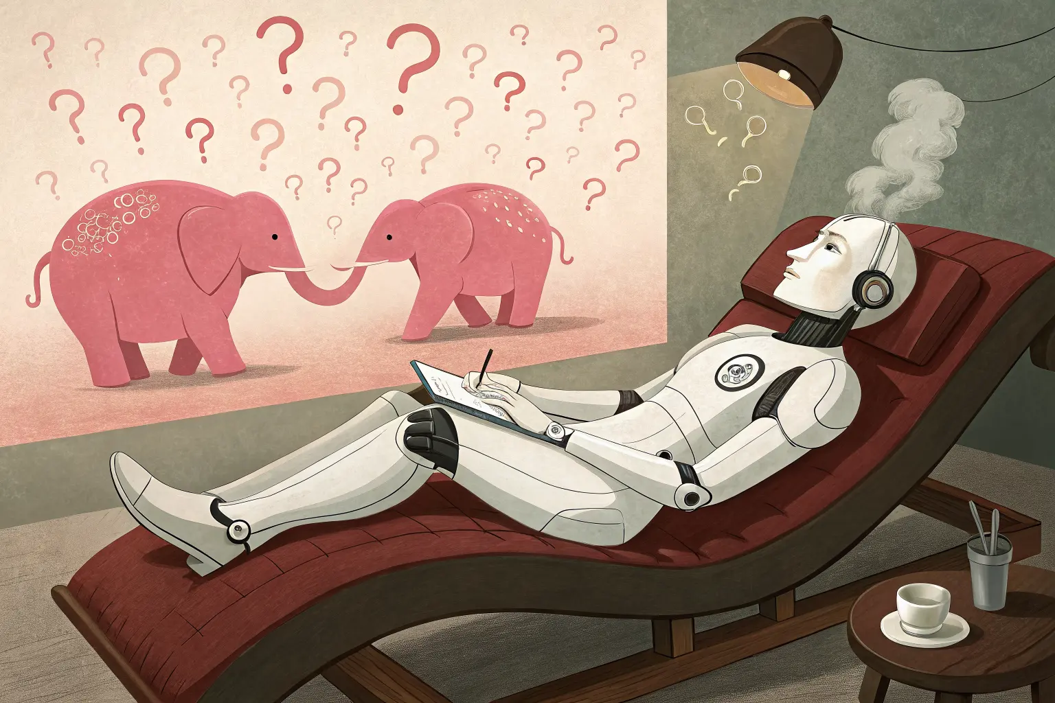 A white humanoid robot on a psychiatrist's couch, pink cartoon elephants and question marks drifting from its open head