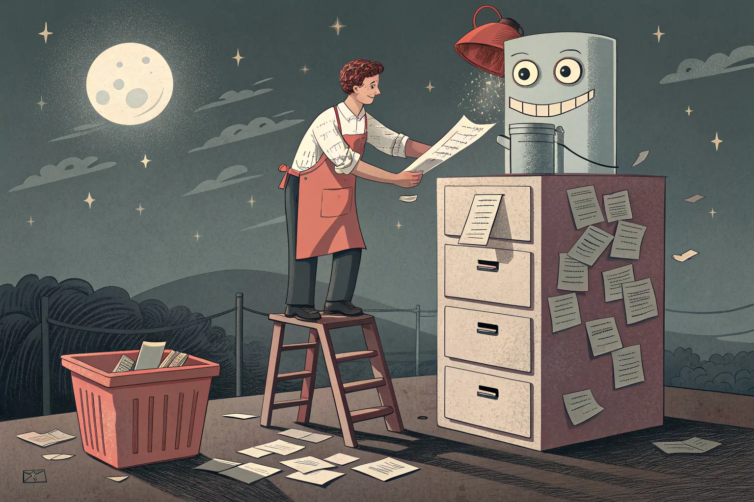 A tired shop owner pouring a filing cabinet of rules into a funnel stuck in a giant robot's head