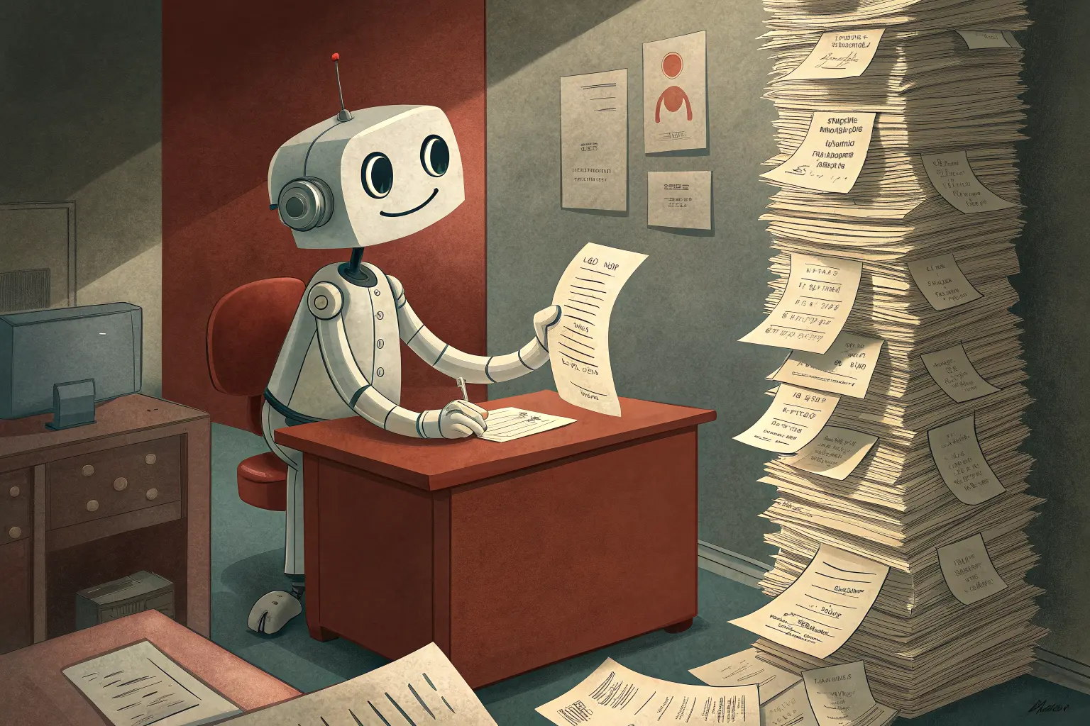 A tidy little desk robot calmly stamping one invoice while a towering wave of thousands of paper work orders curls over it