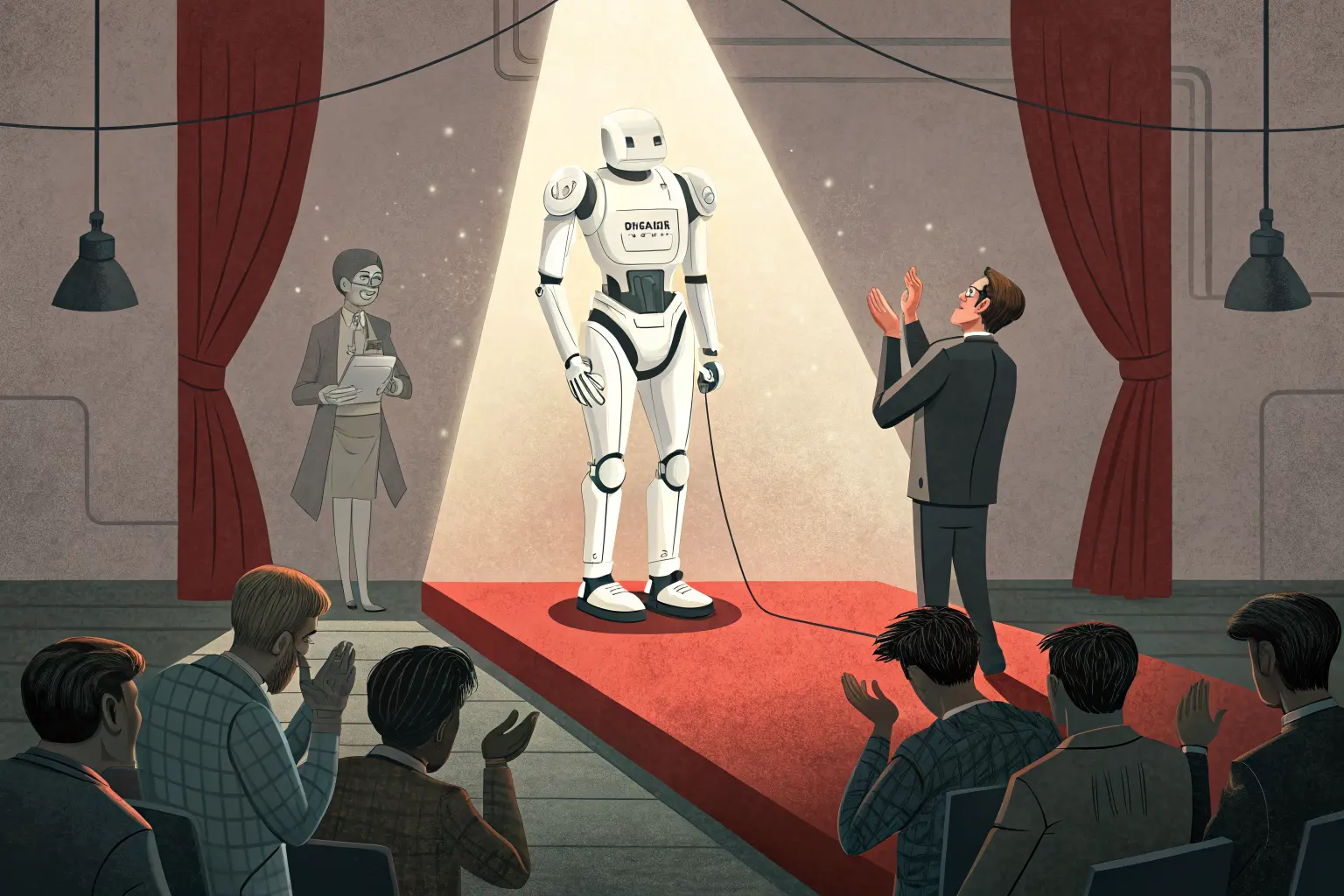 A spotlit humanoid robot takes a bow on a curtained stage as a boardroom applauds