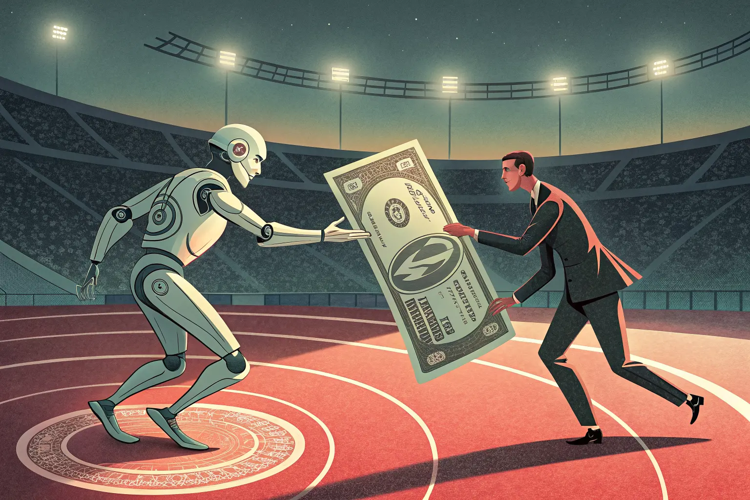 Businessmen and a robot in a ring passing one glowing dollar bill around and around
