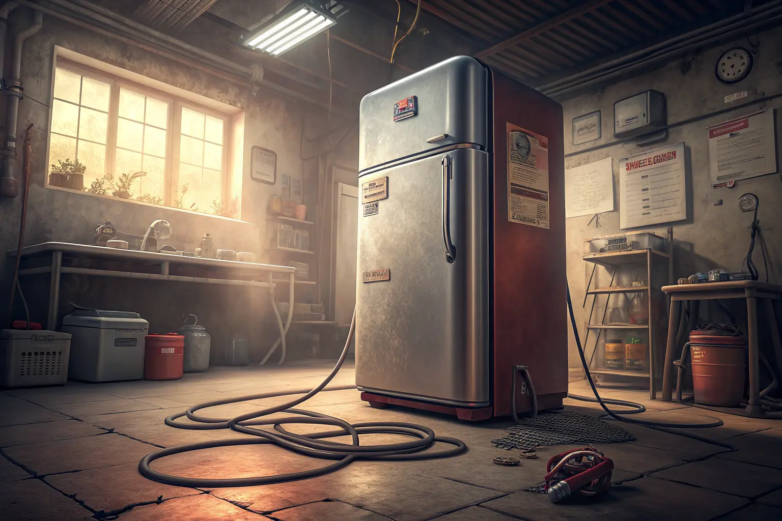 A gleaming chrome AI appliance alone in a shop back room, its power cord unplugged on the floor, a bewildered owner holding a thick manual