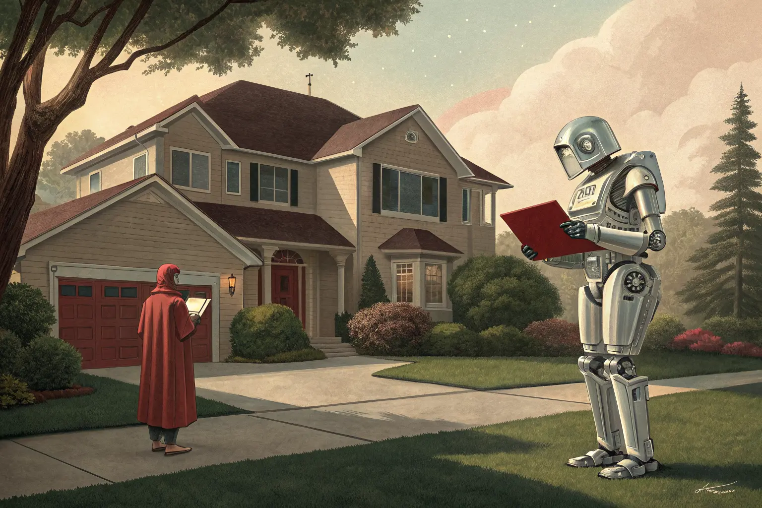 A chrome robot on a suburban lawn holding a clipboard, staring up at a house and visibly stuck, while a homeowner in a bathrobe shrugs beside it