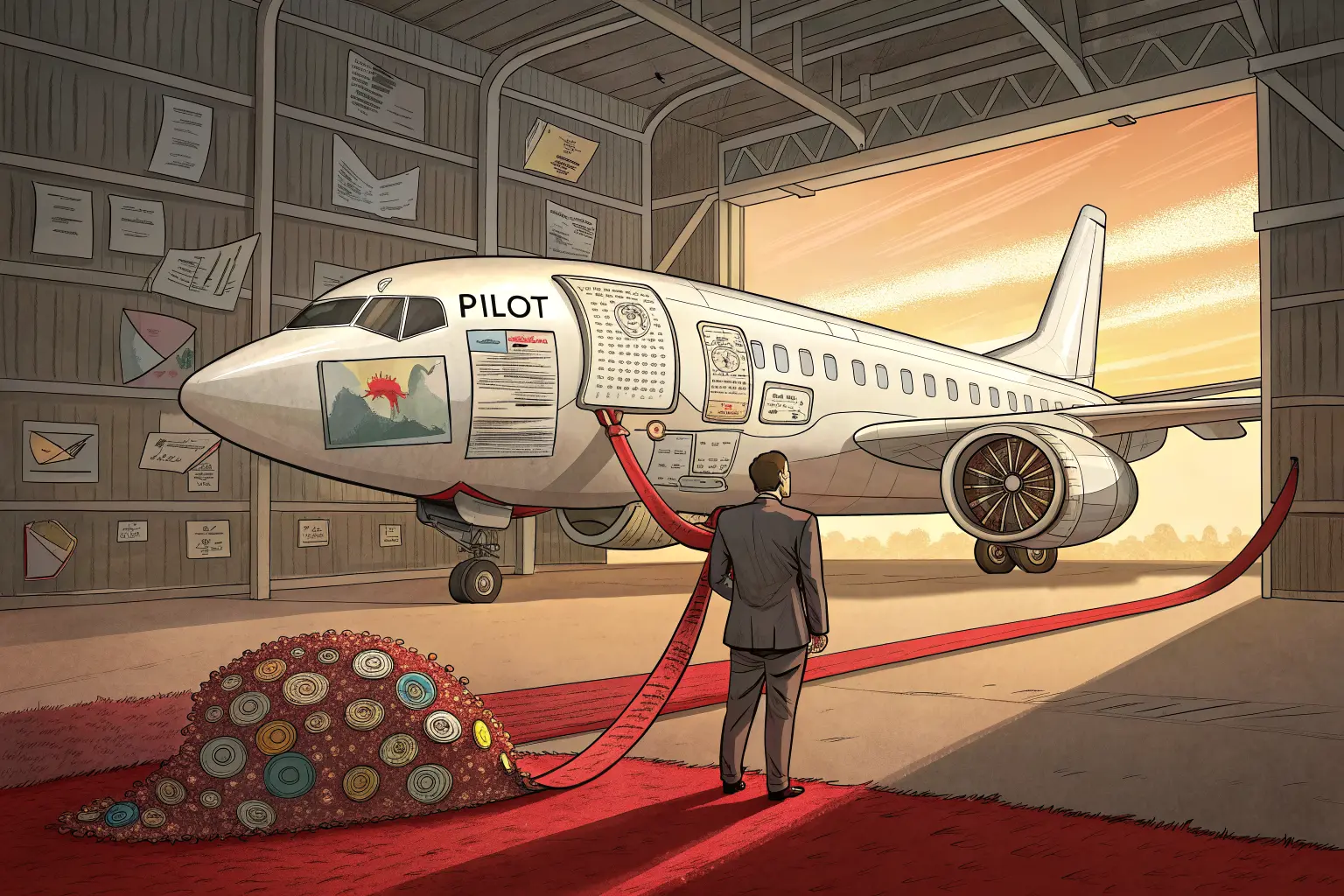 An airplane built from PowerPoint slides parked forever in a hangar labeled PILOT while an executive cuts a ribbon in front of it