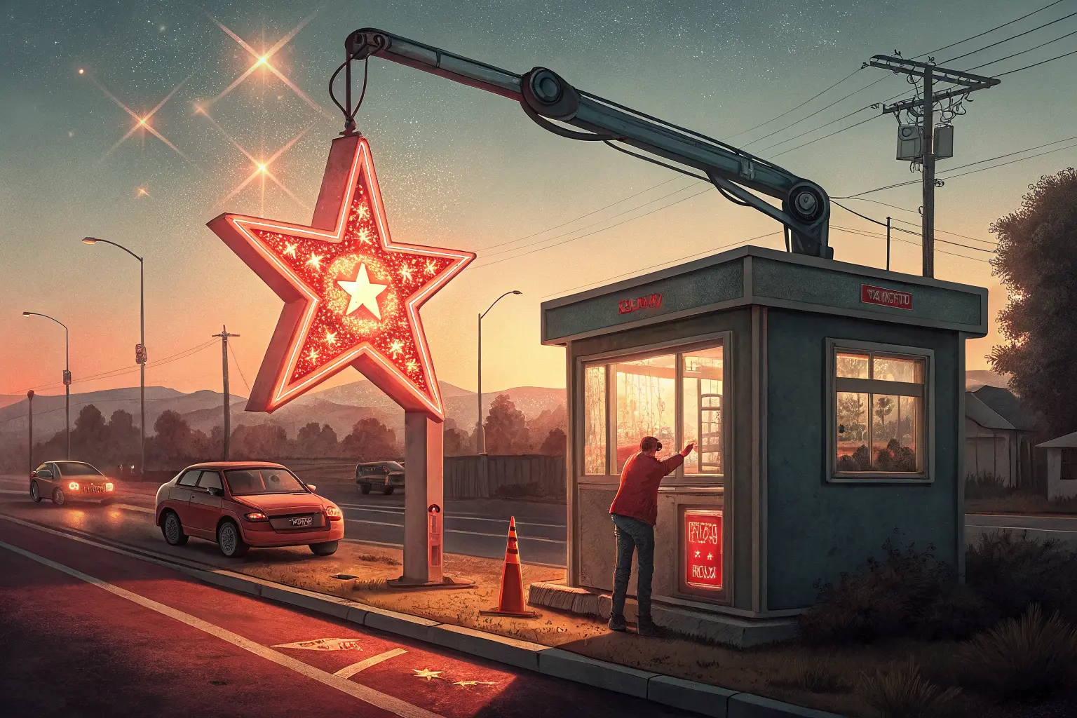 A glowing AI sparkle icon in a highway tollbooth collecting coins from a line of ordinary commuters at dusk