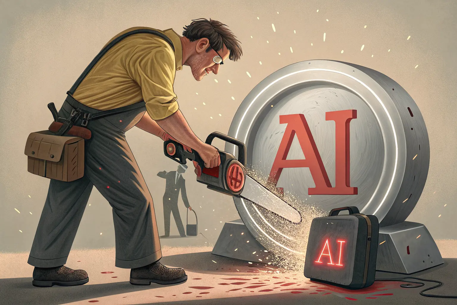A contractor sawing a giant glowing AI button in half while a suited vendor recoils in horror