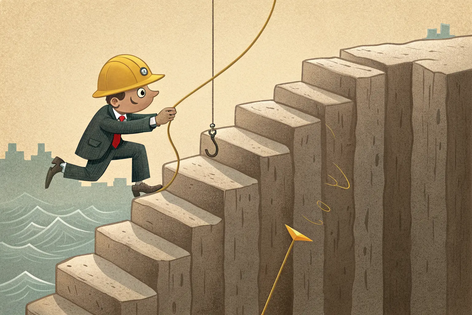 A tiny businessman climbing small steps that turn into a sheer cliff, a golden lure dangling him forward over the drop