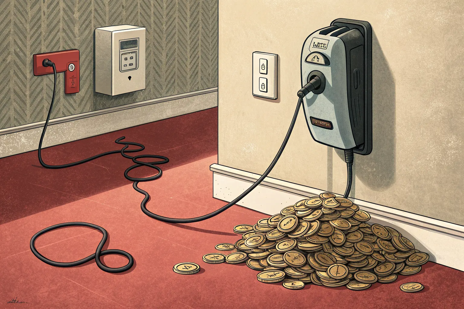 An AI appliance plugged into an office wall, its cord forking into three spinning coin-operated meters
