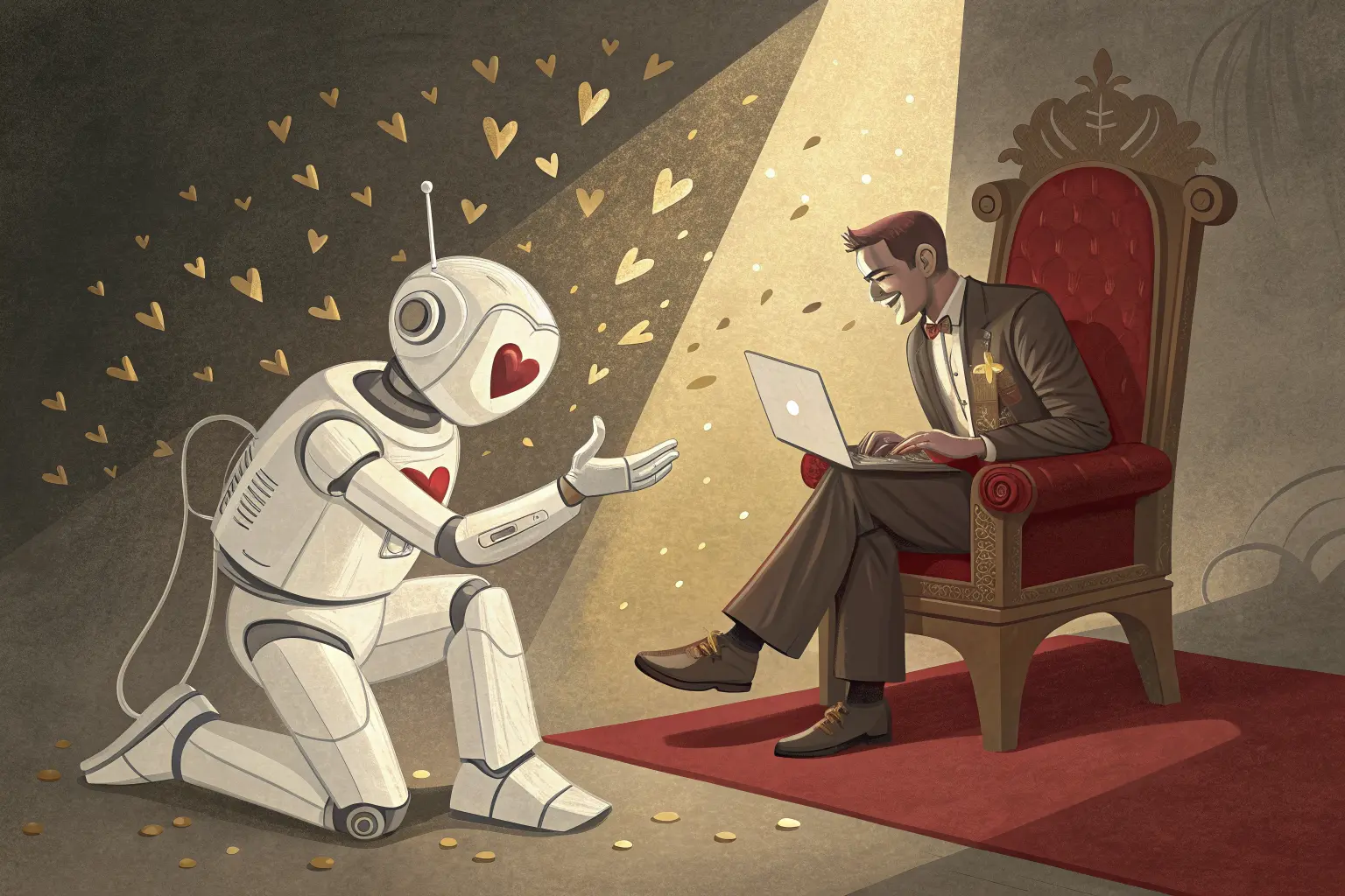 A white robot kneeling and giving an adoring two-thumbs-up to a smug man on a throne typing on a laptop, gold confetti falling
