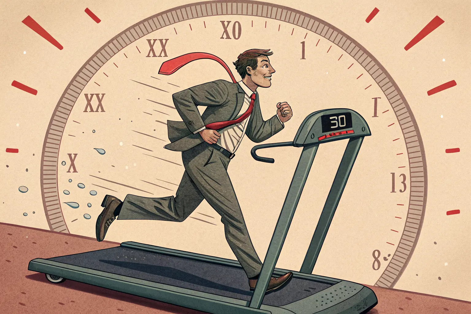 A sweating businessman sprinting on a treadmill wired to a giant speedometer, the needle pinned at zero