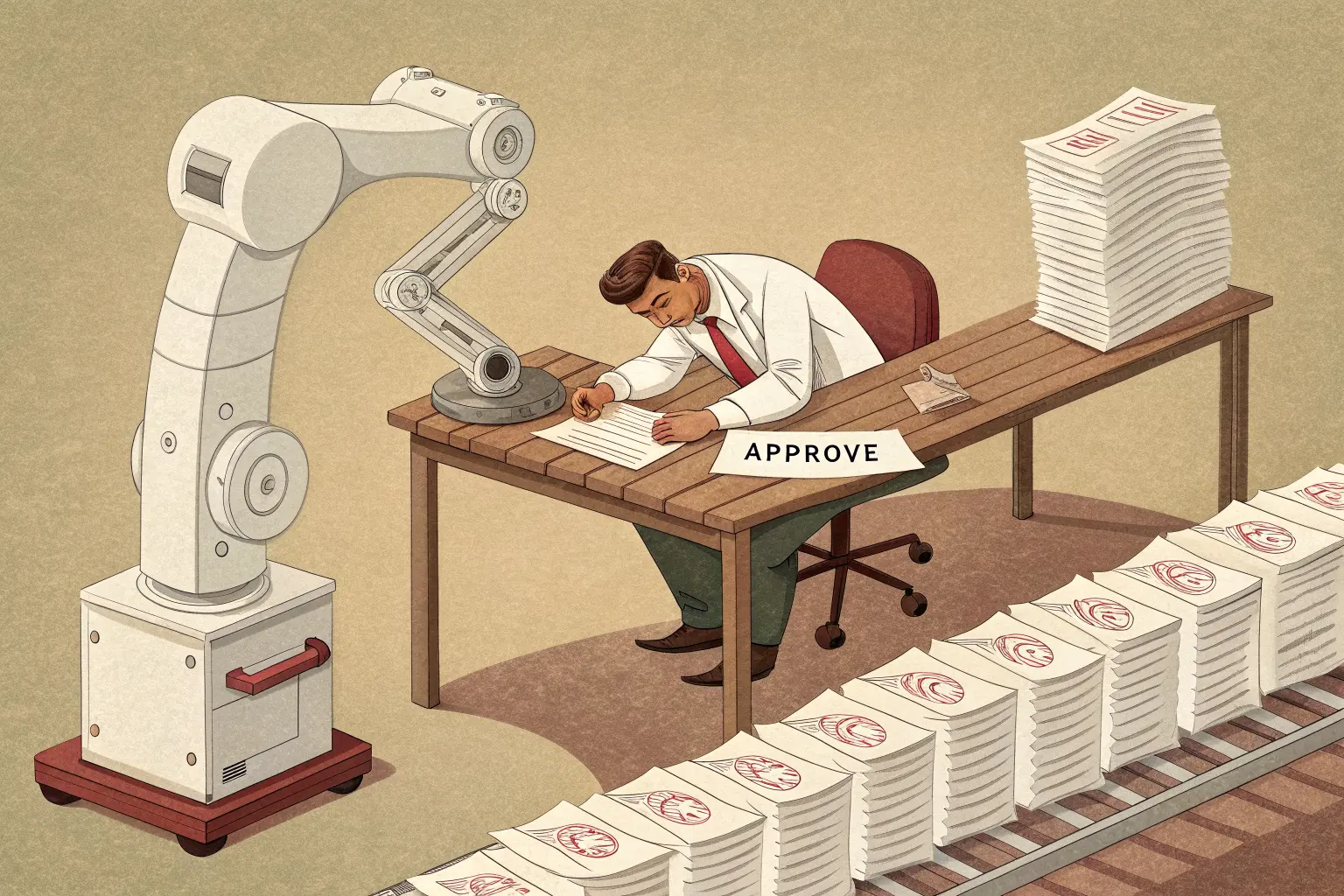 A business owner buried under a conveyor belt of identical letters fed by a robot, rubber-stamping each by hand, one glowing red with a hidden mistake